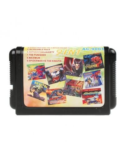 Игровой картридж для Sega Сборник 9 в 1 (русская версия) (SpMan+X-Man2+Halk+MaximumCar+Punish+...) 